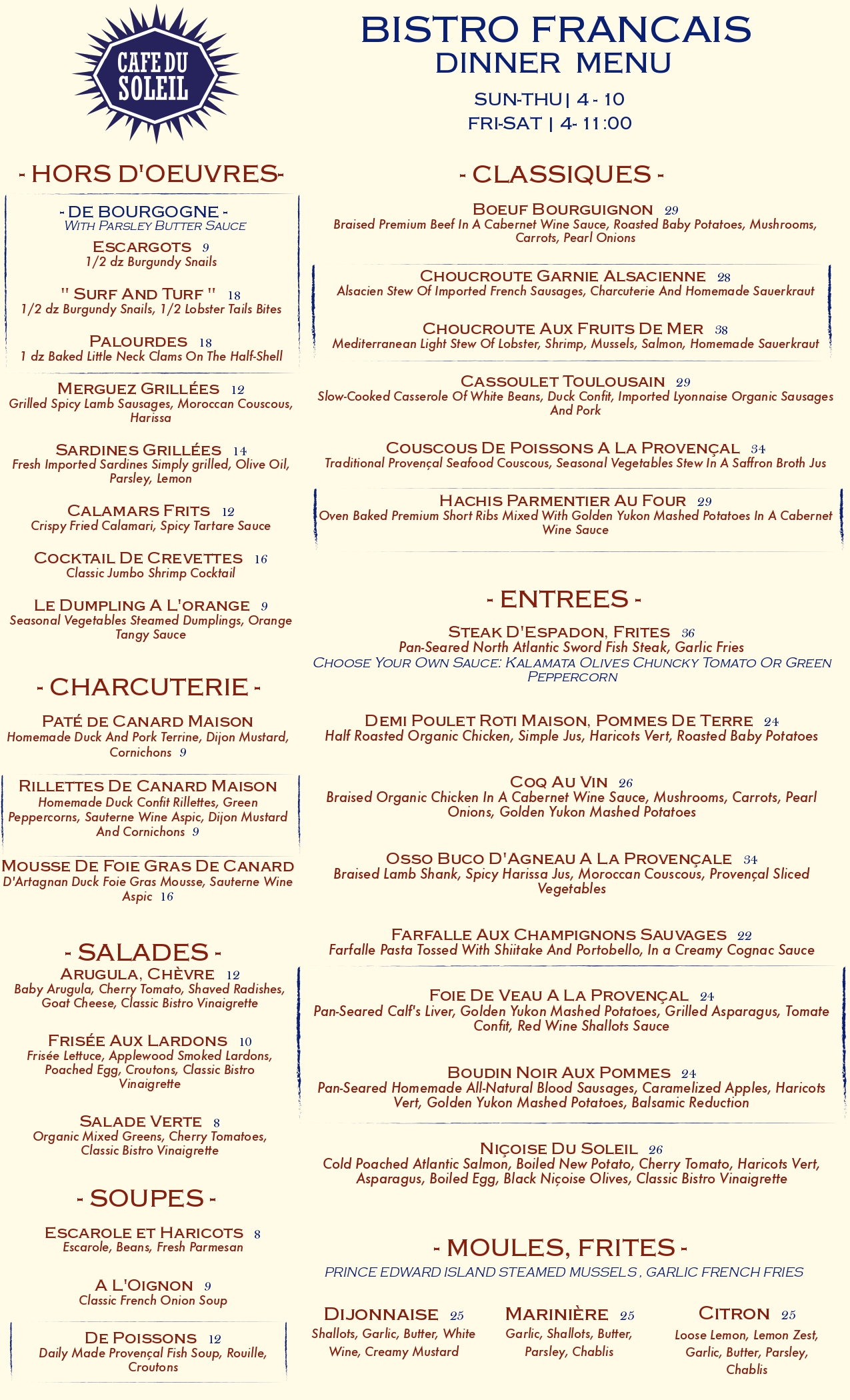 Dinner Menu French Restaurant ny uws Cafe Du Soleil NY